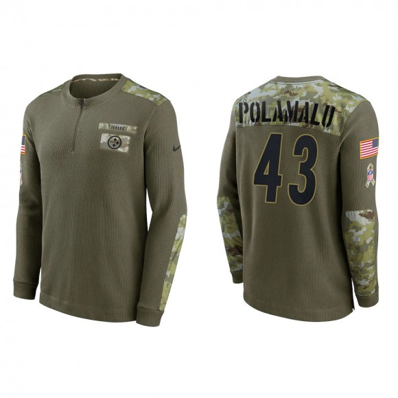 2021 Salute To Service Men's Steelers Troy Polamalu Olive Henley Long Sleeve Thermal Top