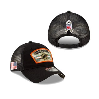 2021 Salute To Service Dolphins Black Trucker 9TWENTY Adjustable Hat