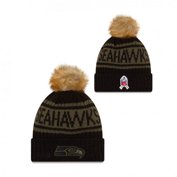 2021 Salute To Service Women's Seahawks Black Cuffed Knit Pom Hat