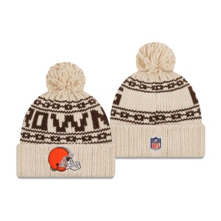 Women's Cleveland Browns Cream 2021 NFL Sideline Pom Cuffed Knit Hat