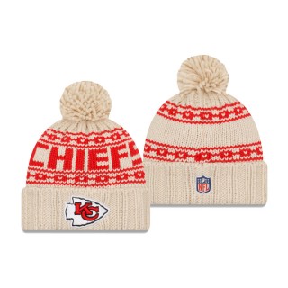 Women's Kansas City Chiefs Cream 2021 NFL Sideline Pom Cuffed Knit Hat