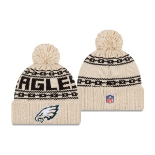 Women's Philadelphia Eagles Cream 2021 NFL Sideline Pom Cuffed Knit Hat
