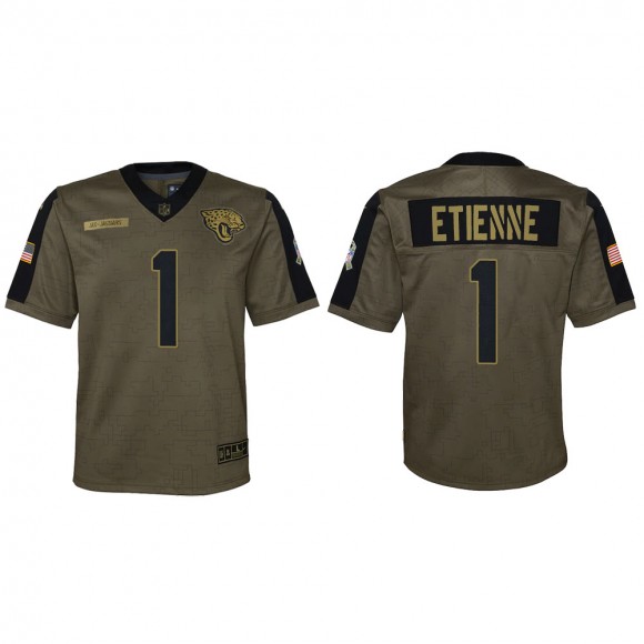 2021 Salute To Service Youth Jaguars Travis Etienne Olive Game Jersey