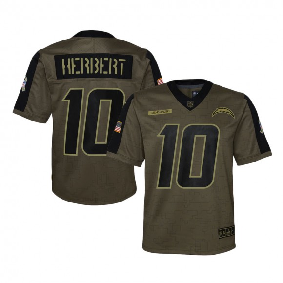 2021 Salute To Service Youth Chargers Justin Herbert Olive Game Jersey