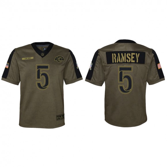 2021 Salute To Service Youth Rams Jalen Ramsey Olive Game Jersey