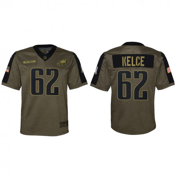 2021 Salute To Service Youth Eagles Jason Kelce Olive Game Jersey