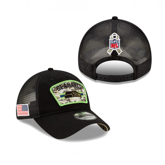 2021 Salute To Service Youth Seahawks Black Camo Trucker 9TWENTY Snapback Adjustable Hat