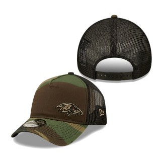 Men's Baltimore Ravens New Era Camo Black Flawless Utility A-Frame Trucker 9FORTY Snapback Hat