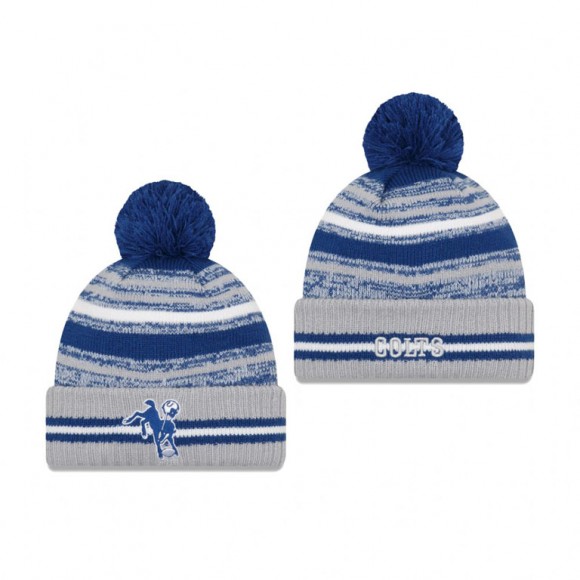 Indianapolis Colts Royal Gray 2021 NFL Sideline Historic Pom Cuffed Knit Hat