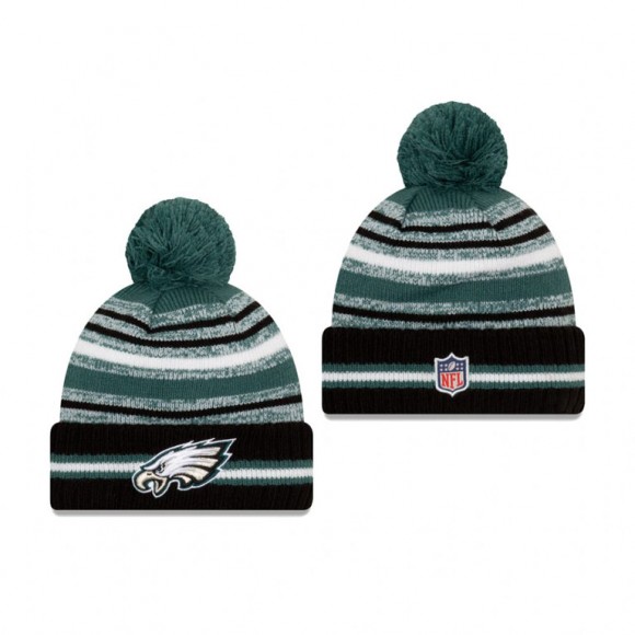 Philadelphia Eagles Green Black 2021 NFL Sideline Sport Pom Cuffed Knit Hat