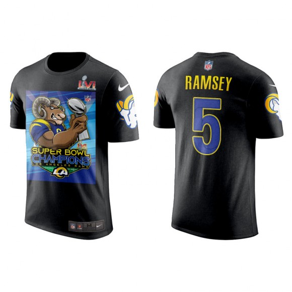 Super Bowl LVI Champions Rams Jalen Ramsey Black Cartoon T-Shirt