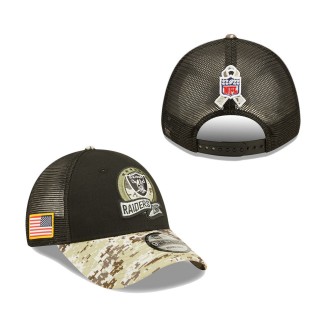 Men's Las Vegas Raiders Black Camo 2022 Salute To Service 9FORTY Snapback Trucker Hat