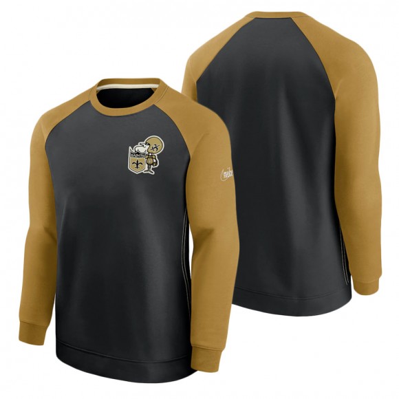 Men's New Orleans Saints Nike Black Gold Historic Raglan Crew Performance Sweater