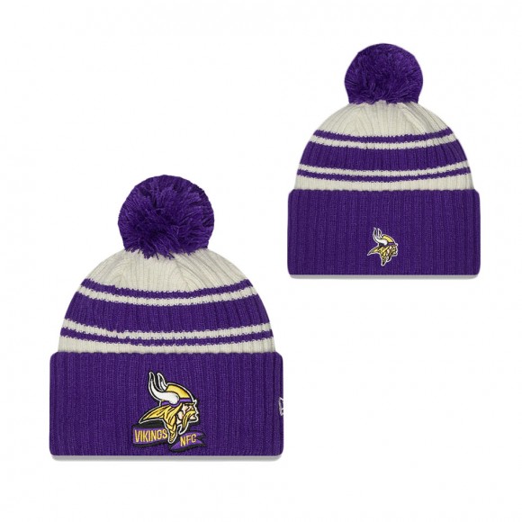 Men's Minnesota Vikings Cream Purple 2022 Sideline Sport Cuffed Pom Knit Hat