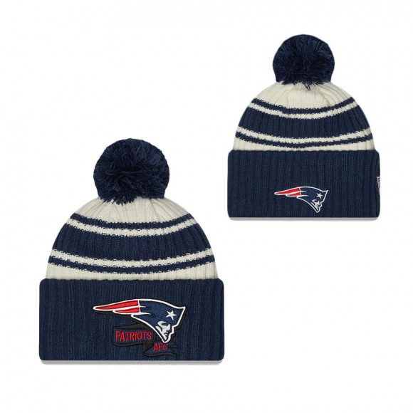 Men's New England Patriots Cream Navy 2022 Sideline Sport Cuffed Pom Knit Hat