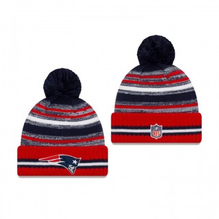 New England Patriots Navy Red 2021 NFL Sideline Sport Pom Cuffed Knit Hat