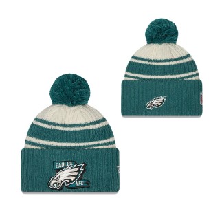 Men's Philadelphia Eagles Cream Green 2022 Sideline Sport Cuffed Pom Knit Hat