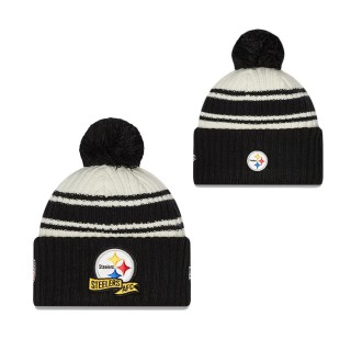Men's Pittsburgh Steelers Cream Black 2022 Sideline Sport Cuffed Pom Knit Hat