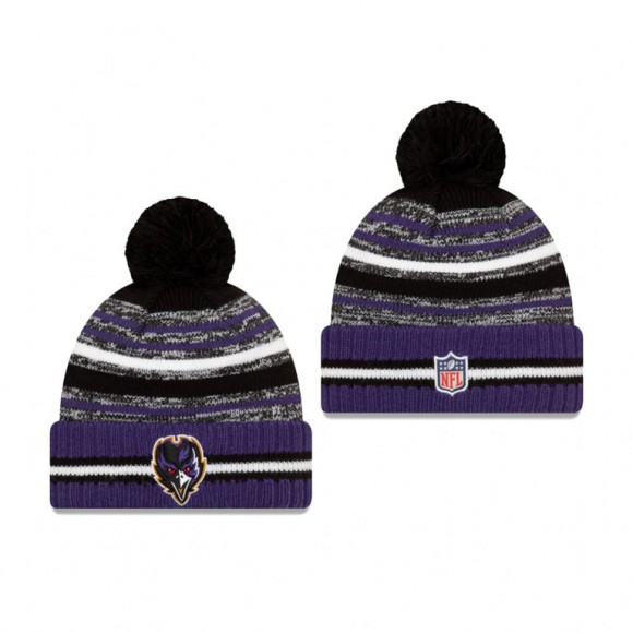 Baltimore Ravens Black Purple 2021 NFL Sideline Sport Pom Cuffed Knit Hat