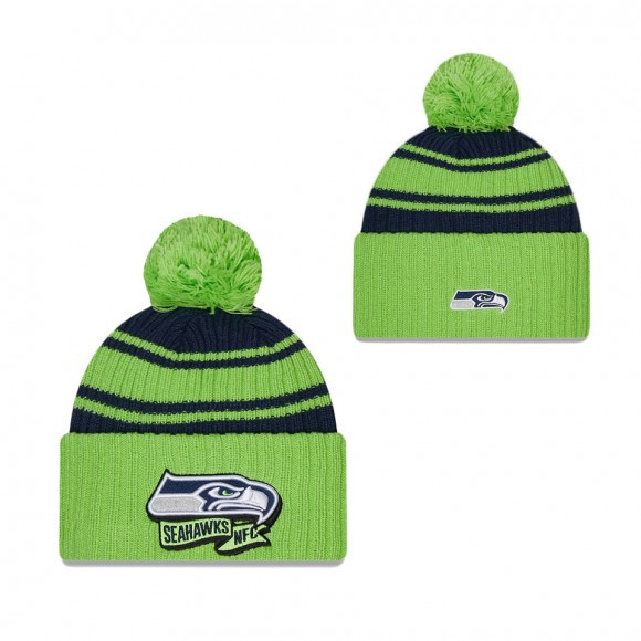 Men's Seattle Seahawks Neon Green College Navy 2022 Sideline Cuffed Pom Knit Hat