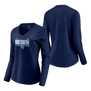Women Tennessee Titans Navy 2021 AFC South Division Champions Blocked Favorite V-Neck Long Sleeve T-Shirt