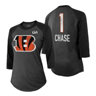 Women's Cincinnati Bengals Ja'Marr Chase Black Super Bowl LVI Bound Name & Number Raglan 3-4 Sleeve T-Shirt