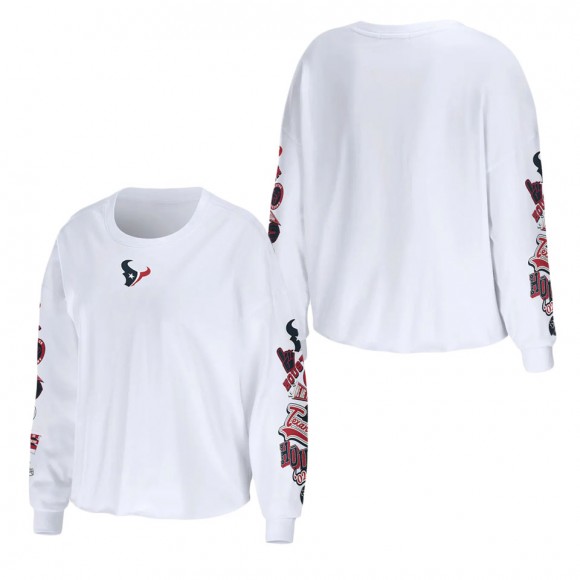 Women's Houston Texans WEAR by Erin Andrews White Celebration Cropped Long Sleeve T-Shirt