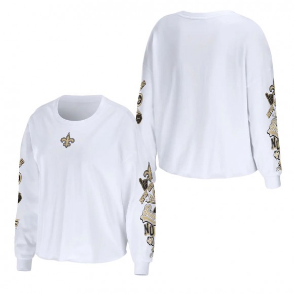 Women's New Orleans Saints WEAR by Erin Andrews White Celebration Cropped Long Sleeve T-Shirt