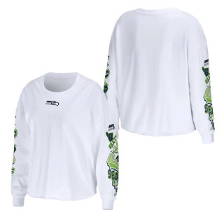 Women's Seattle Seahawks WEAR by Erin Andrews White Celebration Cropped Long Sleeve T-Shirt