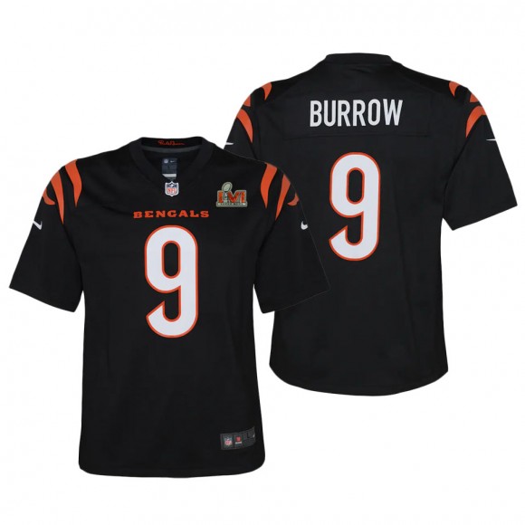 Youth Cincinnati Bengals Joe Burrow Black Super Bowl LVI Bound Patch Game Jersey