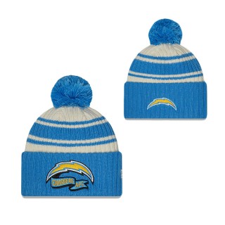 Youth Los Angeles Chargers Cream Powder Blue 2022 Sideline Sport Cuffed Pom Knit Hat