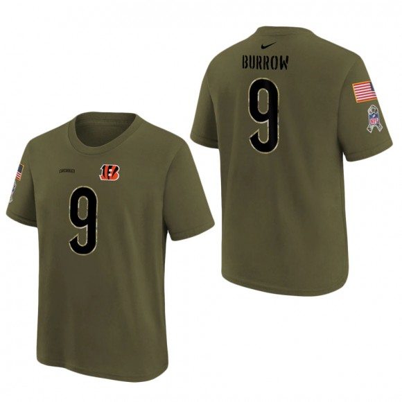 Youth Cincinnati Bengals Joe Burrow Olive 2022 Salute To Service Name & Number T-Shirt