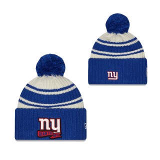 Youth New York Giants Cream Royal 2022 Sideline Sport Cuffed Pom Knit Hat