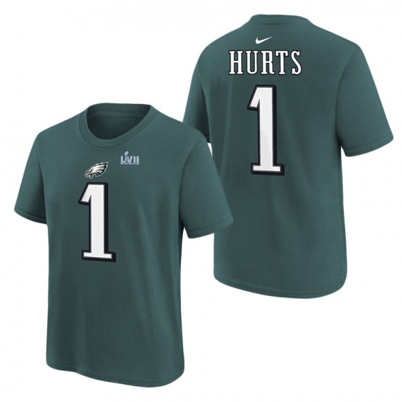 Youth Philadelphia Eagles Jalen Hurts Nike Midnight Green Super Bowl LVII Name & Number T-Shirt